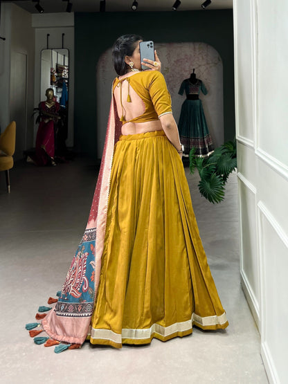 Function Wear Mustard Color Chinon Silk Plain With Lace Touch Up Beautiful Lehenga Choli