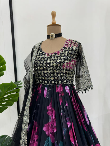 Party Wear Black Color Faux Georgette With Digital Print Designer Gown