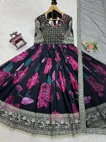 Party Wear Black Color Faux Georgette With Digital Print Designer Gown