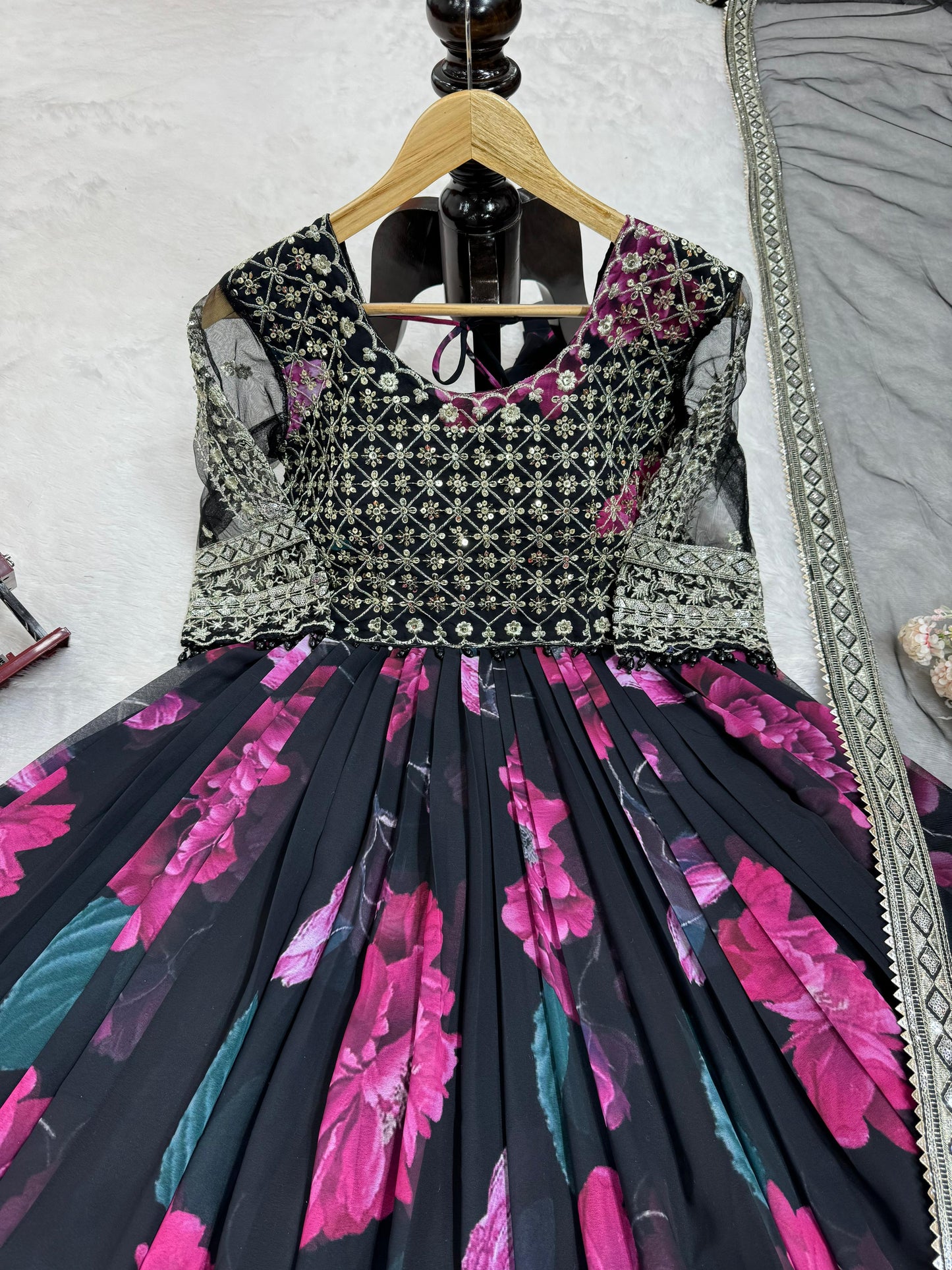 Party Wear Black Color Faux Georgette With Digital Print Designer Gown