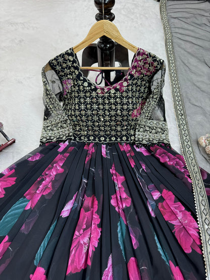 Party Wear Black Color Faux Georgette With Digital Print Designer Gown