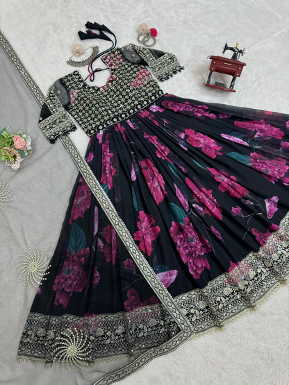 Party Wear Black Color Faux Georgette With Digital Print Designer Gown