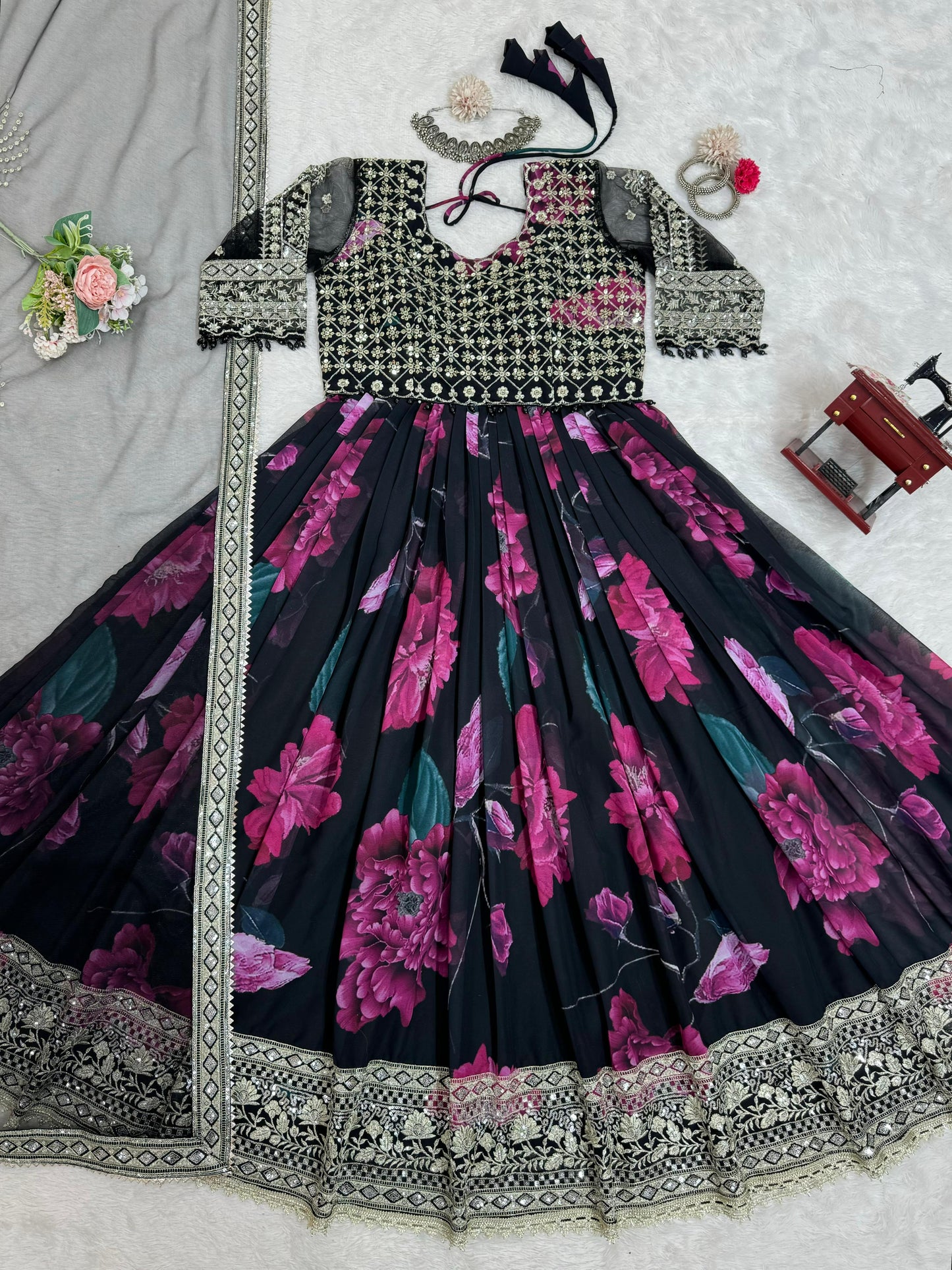 Party Wear Black Color Faux Georgette With Digital Print Designer Gown