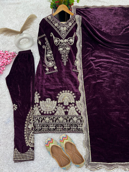Party Wear Wine Color Heavy Viscose Velvet With Heavy Embroidery Sequence Work Salwar Suit