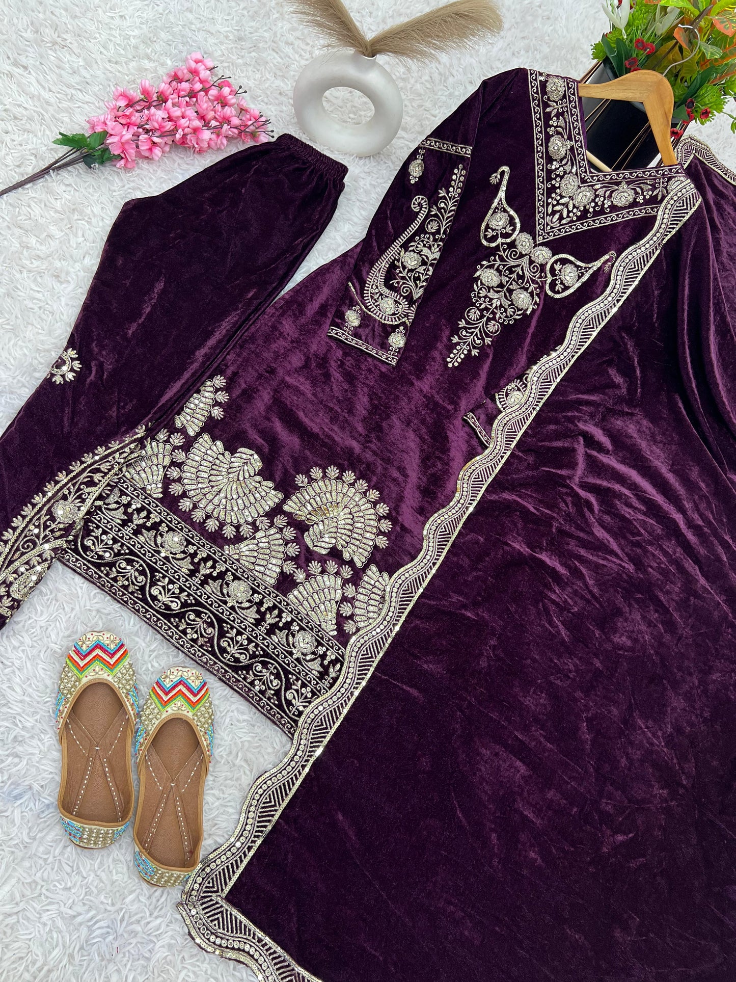 Party Wear Wine Color Heavy Viscose Velvet With Heavy Embroidery Sequence Work Salwar Suit