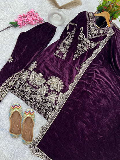 Party Wear Wine Color Heavy Viscose Velvet With Heavy Embroidery Sequence Work Salwar Suit