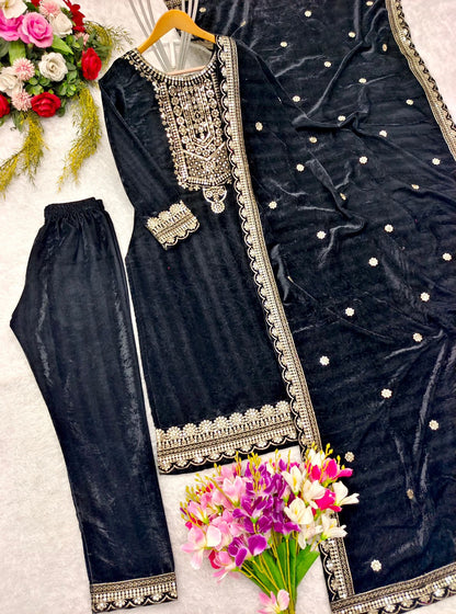 Party Wear Black Color Viscos Velvet With  Heavy Embroidery 5mm Sequence Work Designer Salwar Suit