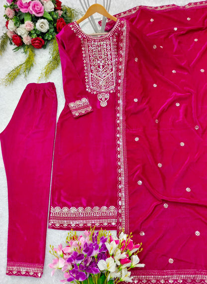 Party Wear Red Color Viscos Velvet With  Heavy Embroidery 5mm Sequence Work Designer Salwar Suit