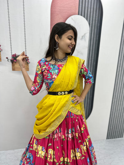 Beautiful Designer Pink Color Kalamkari Printed Lehenga Choli
