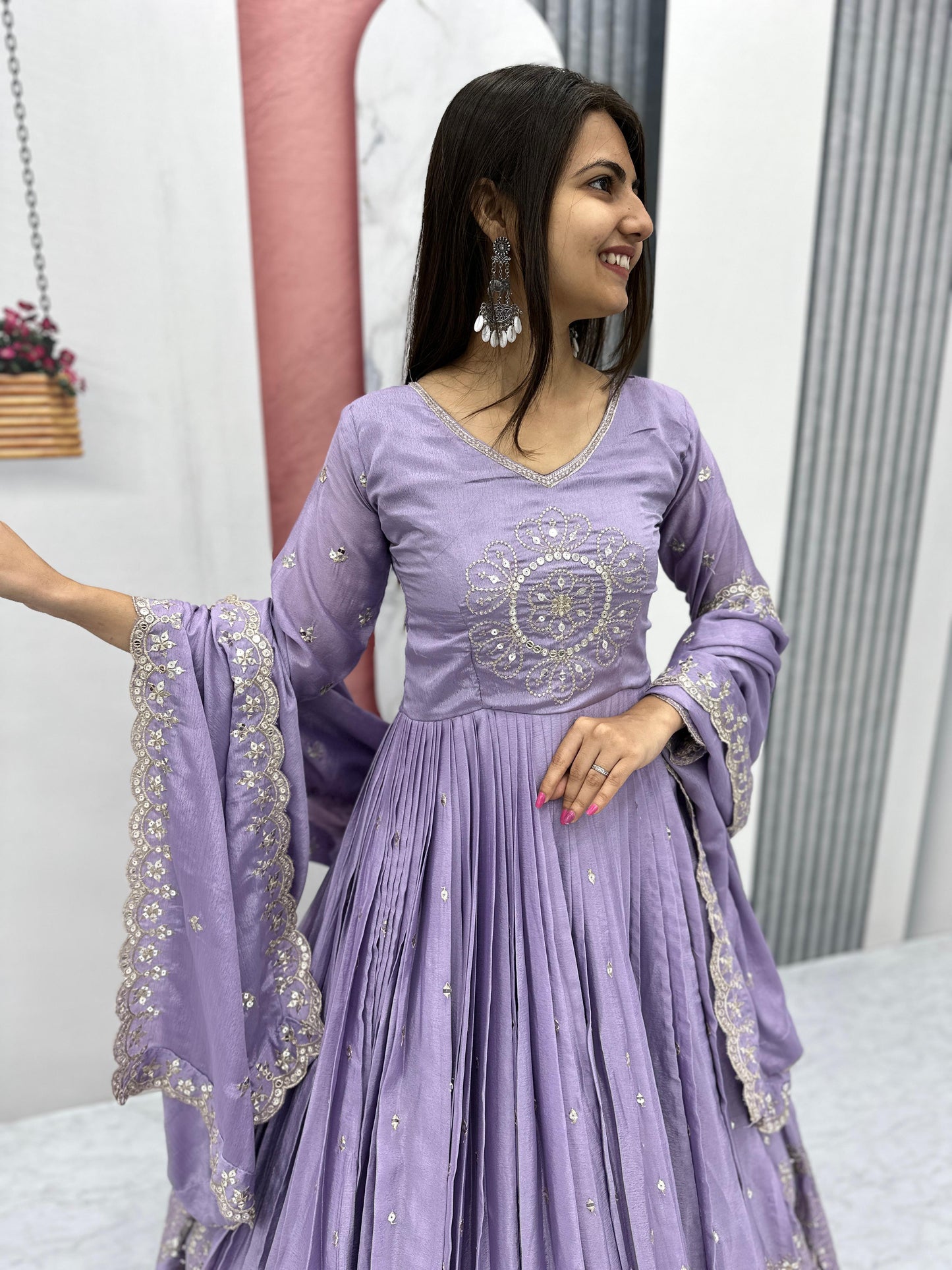 Classy Lavender Color Pure Chinon And Heavy Embroidery 7mm Sequence Work Designer Gown