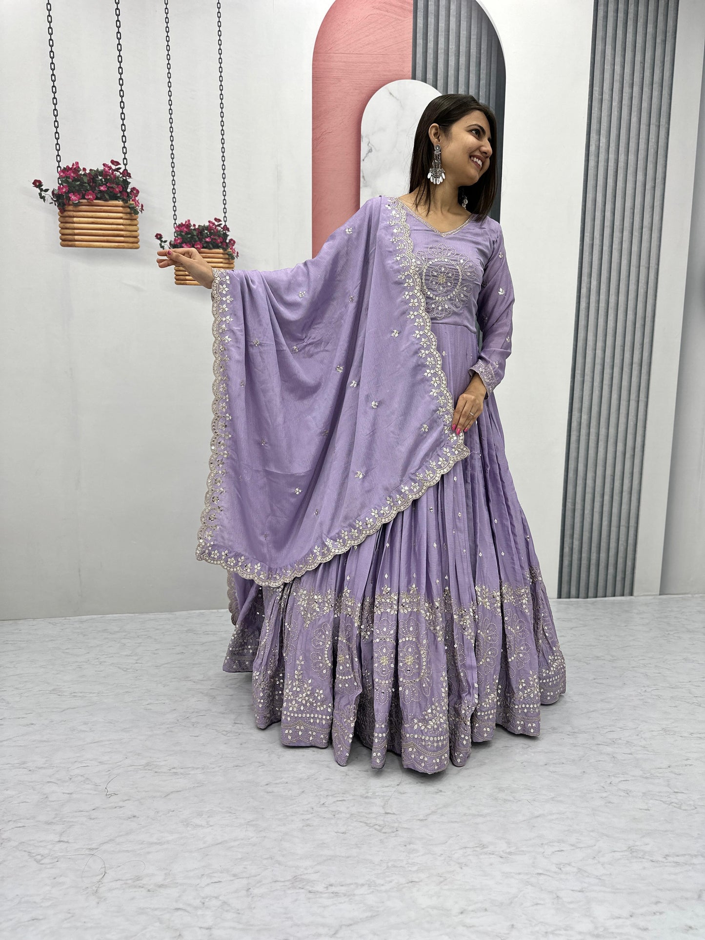 Classy Lavender Color Pure Chinon And Heavy Embroidery 7mm Sequence Work Designer Gown