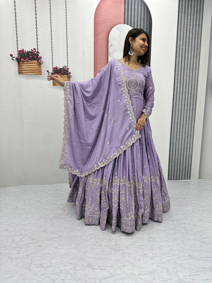 Classy Lavender Color Pure Chinon And Heavy Embroidery 7mm Sequence Work Designer Gown