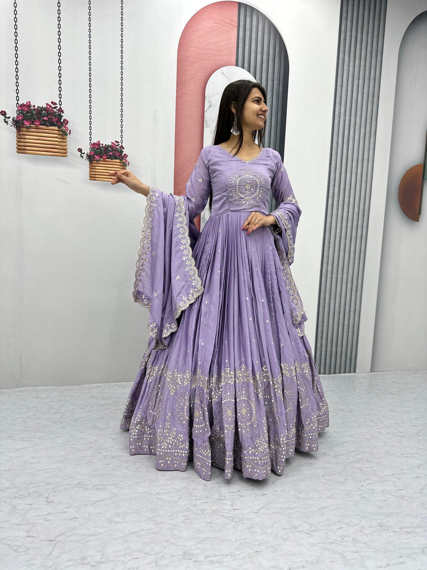 Classy Lavender Color Pure Chinon And Heavy Embroidery 7mm Sequence Work Designer Gown