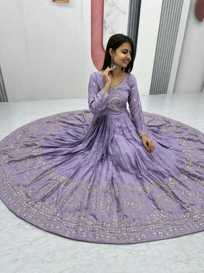 Classy Lavender Color Pure Chinon And Heavy Embroidery 7mm Sequence Work Designer Gown
