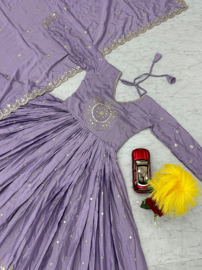 Classy Lavender Color Pure Chinon And Heavy Embroidery 7mm Sequence Work Designer Gown