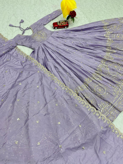 Classy Lavender Color Pure Chinon And Heavy Embroidery 7mm Sequence Work Designer Gown
