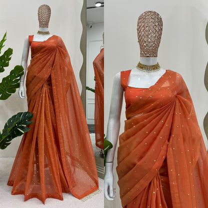 Engagement Wear Orange Color Tissue Silk Mukesh Work With Heavy Fancy Lace Designer Organza Saree