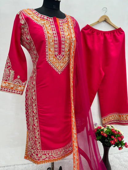 Exclusive Red Color Heavy Roman Silk Heavy Chine Stitch Work Designer Palazzo Suit