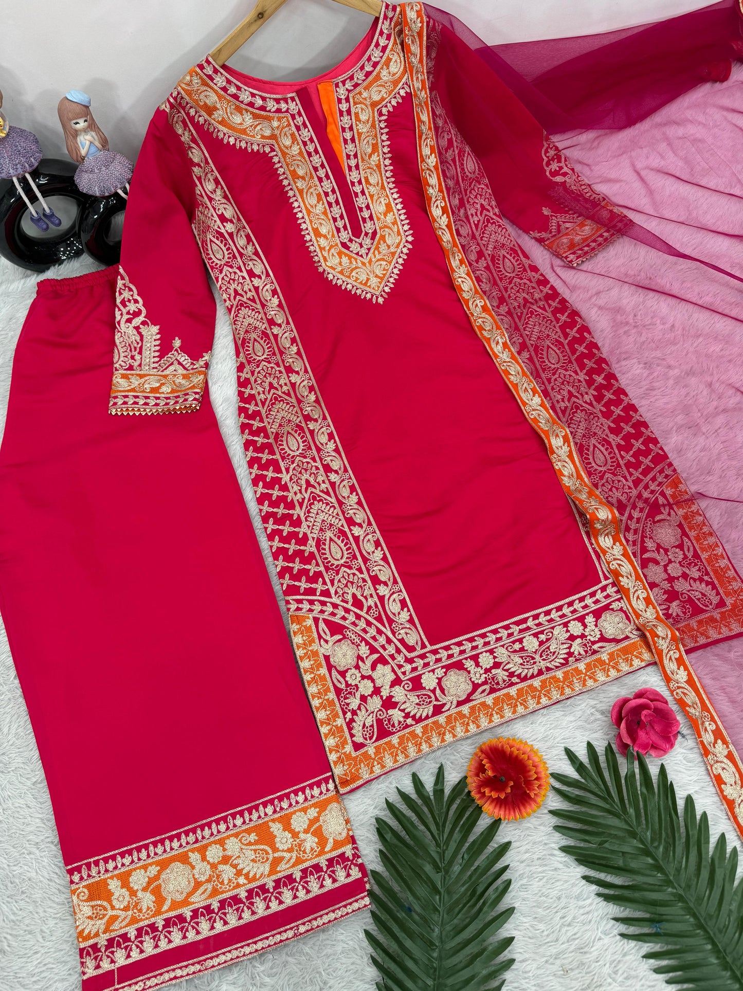Exclusive Red Color Heavy Roman Silk Heavy Chine Stitch Work Designer Palazzo Suit