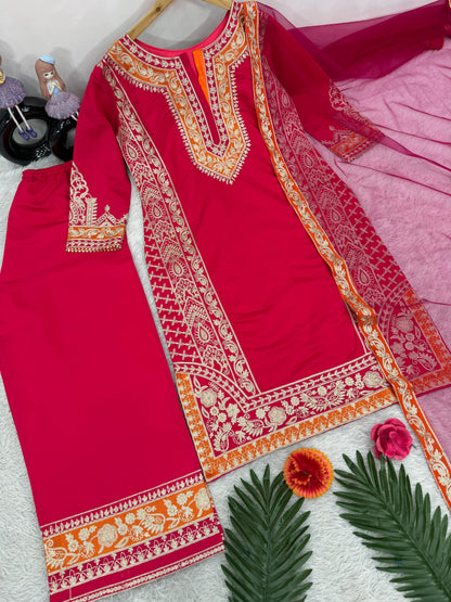 Exclusive Red Color Heavy Roman Silk Heavy Chine Stitch Work Designer Palazzo Suit