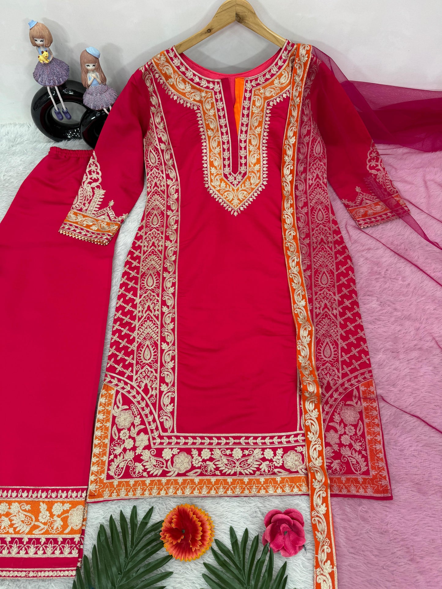 Exclusive Red Color Heavy Roman Silk Heavy Chine Stitch Work Designer Palazzo Suit