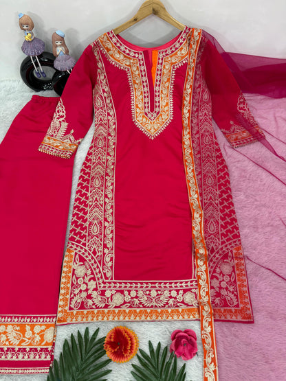 Exclusive Red Color Heavy Roman Silk Heavy Chine Stitch Work Designer Palazzo Suit