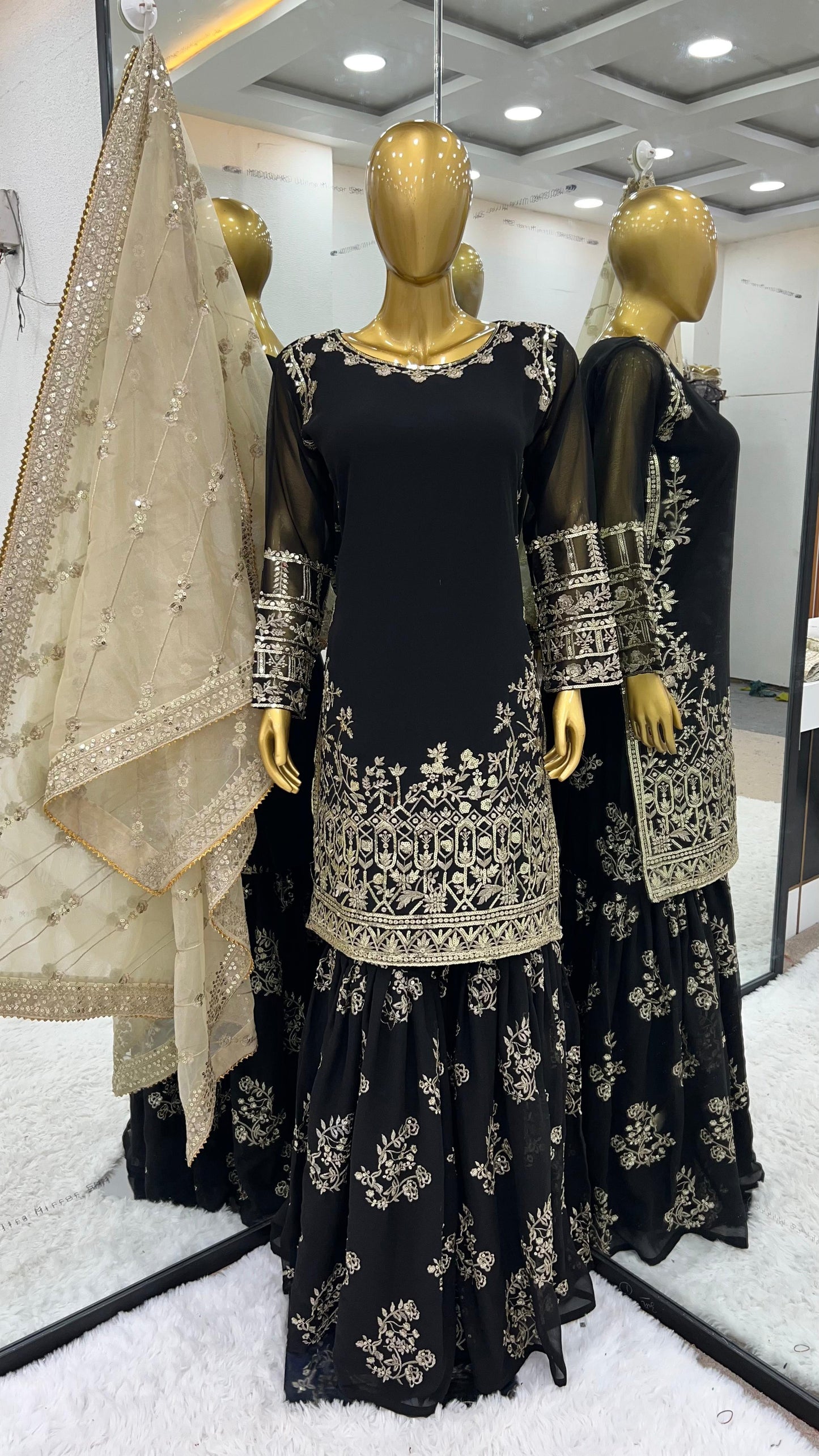 Wedding Wear Black Color Heavy Faux Georgette With 5mm Embroidery Sequence Work Designer Sharara Suit