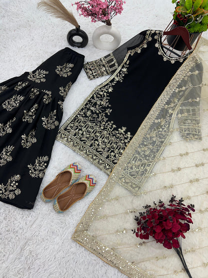 Wedding Wear Black Color Heavy Faux Georgette With 5mm Embroidery Sequence Work Designer Sharara Suit