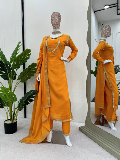 Exclusive Yellow Color Chinon Silk Thread With 9mm Sequence Work Salwar Suit