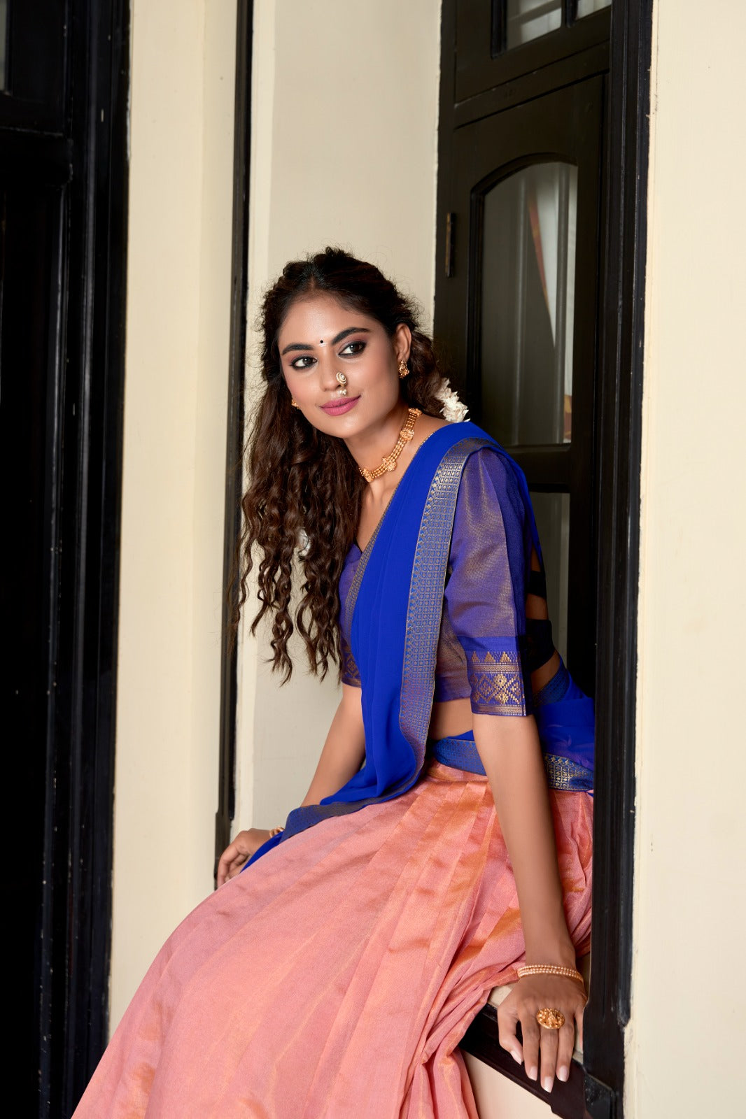 South Indian Wear Peach Color Kanchipuram Zari Weaving Work Designer Lehenga Choli