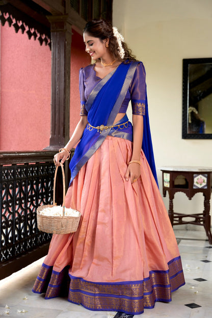 South Indian Wear Peach Color Kanchipuram Zari Weaving Work Designer Lehenga Choli