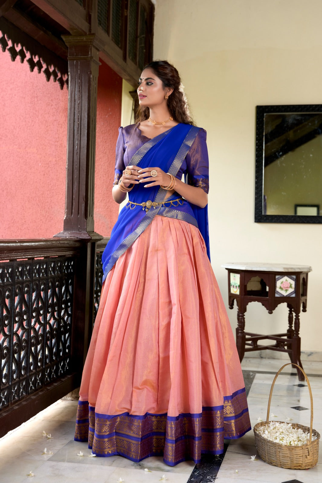 South Indian Wear Peach Color Kanchipuram Zari Weaving Work Designer Lehenga Choli