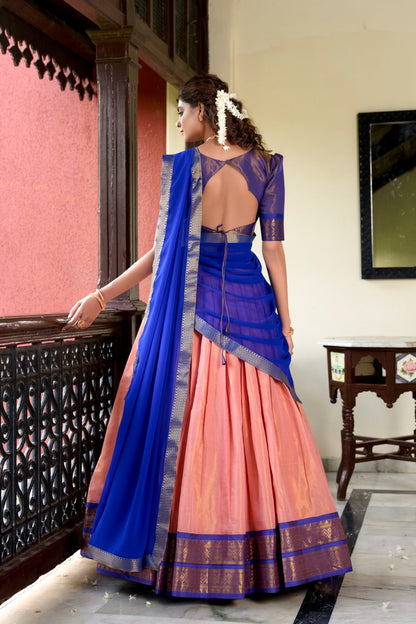 South Indian Wear Peach Color Kanchipuram Zari Weaving Work Designer Lehenga Choli