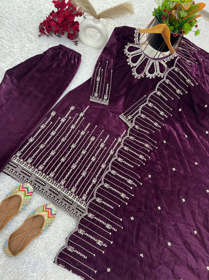 Stylish Wine Color Heavy Viscose Velvet With Heavy Embroidery Sequence Work Designer Salwar Suit