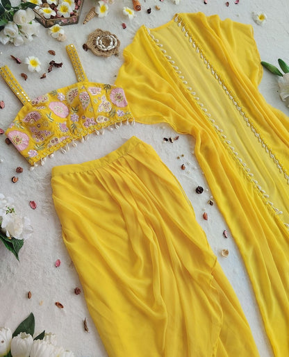 Haldi Special Designer Yellow Color Indo-Western Pattern With Full Embroidered Blouse With Full Stitch Shrug And Lehenga