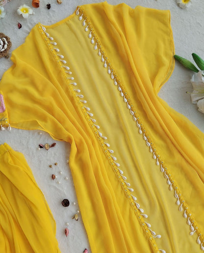 Haldi Special Designer Yellow Color Indo-Western Pattern With Full Embroidered Blouse With Full Stitch Shrug And Lehenga
