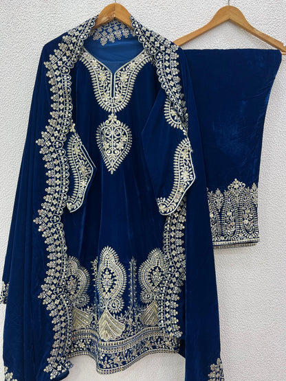 Party Wear Blue Color Heavy Viscose Velvet With Heavy Embroidery Sequence Work Salwar Suit
