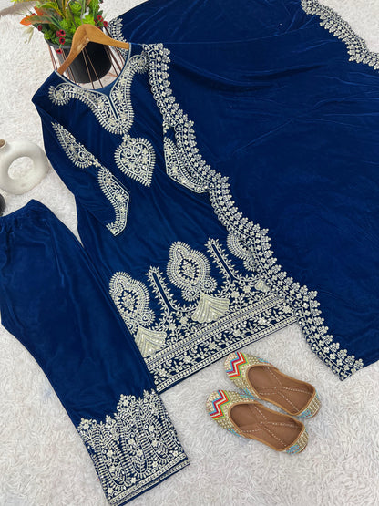 Party Wear Blue Color Heavy Viscose Velvet With Heavy Embroidery Sequence Work Salwar Suit