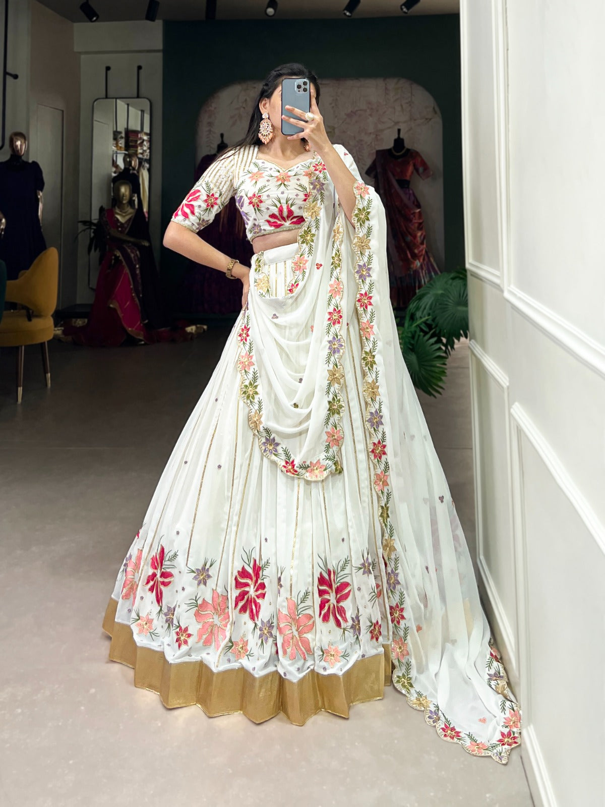 Marriage Special White Color Georgette Sequins And Thread Embroidery Work With Embossed Design Lace Designer Lehenga Choli