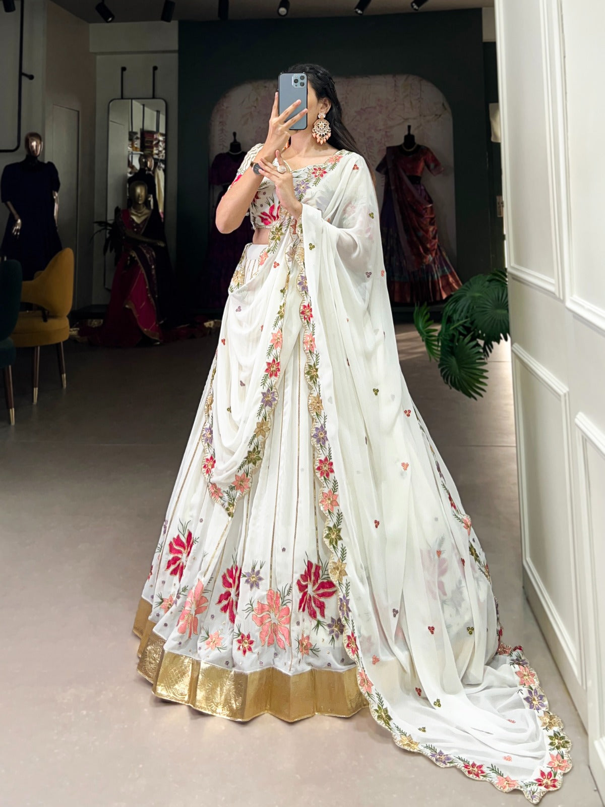 Marriage Special White Color Georgette Sequins And Thread Embroidery Work With Embossed Design Lace Designer Lehenga Choli