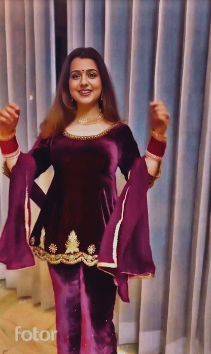 Gorgeous Wine Color Heavy Viscose Velvet And Embroidery Work Designer Palazzo Suit