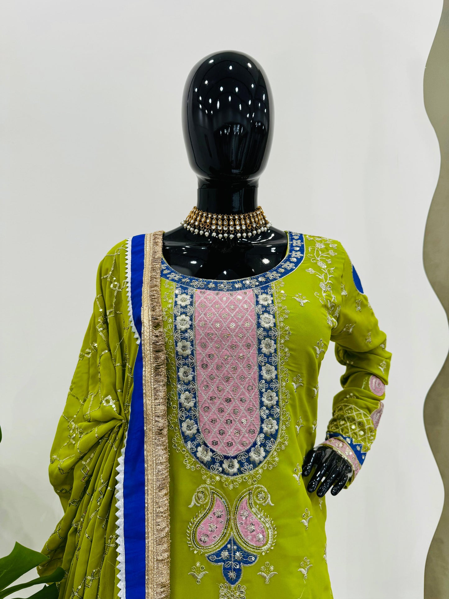Wedding Wear Parrot Green Faux Georgette Thread With Sequence Work Sharara Suit