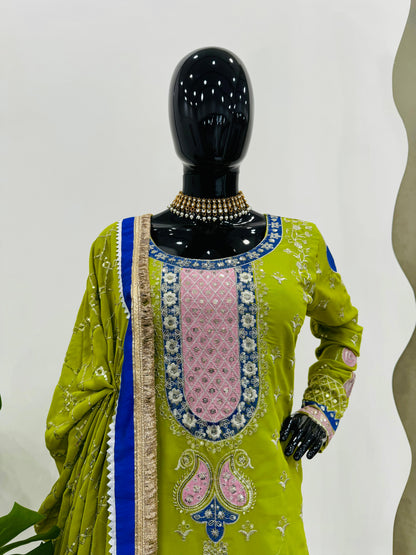Wedding Wear Parrot Green Faux Georgette Thread With Sequence Work Sharara Suit