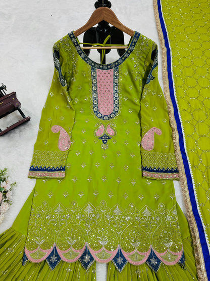 Wedding Wear Parrot Green Faux Georgette Thread With Sequence Work Sharara Suit