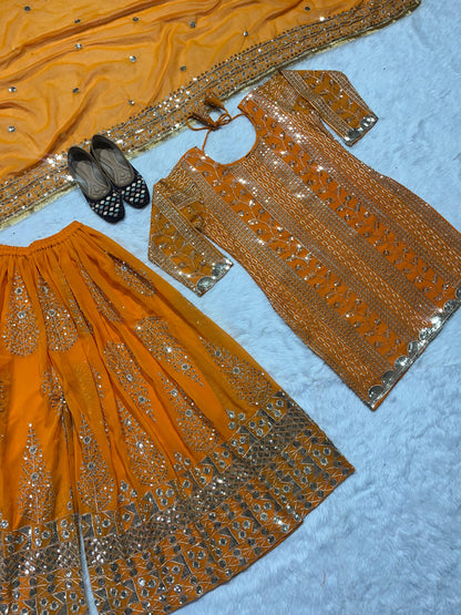 Eyes Catching Georgette Embroidery Work Orange Color Sharara Suit