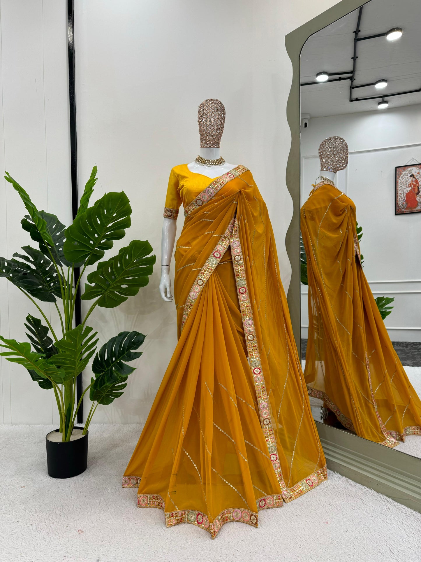 Haldi Wear Mustard Color Faux Georgette And Coding With Sequence Work Beautiful Saree