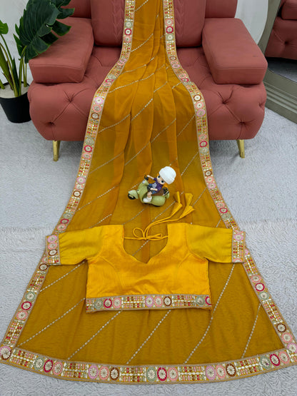 Haldi Wear Mustard Color Faux Georgette And Coding With Sequence Work Beautiful Saree