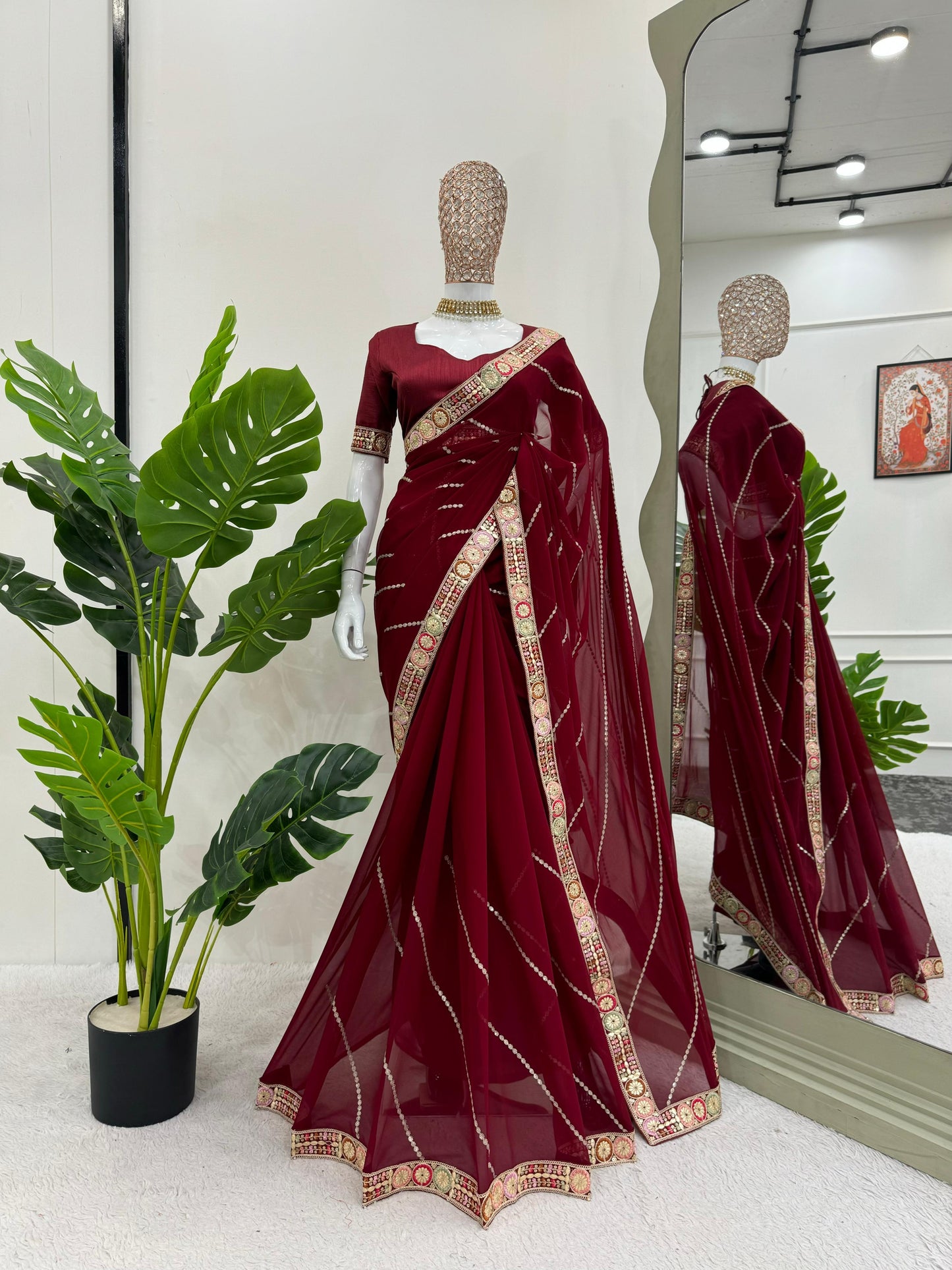 Glorious Maroon Color Faux Georgette And Coding With Sequence Work Beautiful Saree