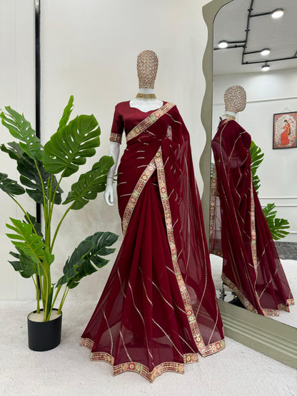 Glorious Maroon Color Faux Georgette And Coding With Sequence Work Beautiful Saree
