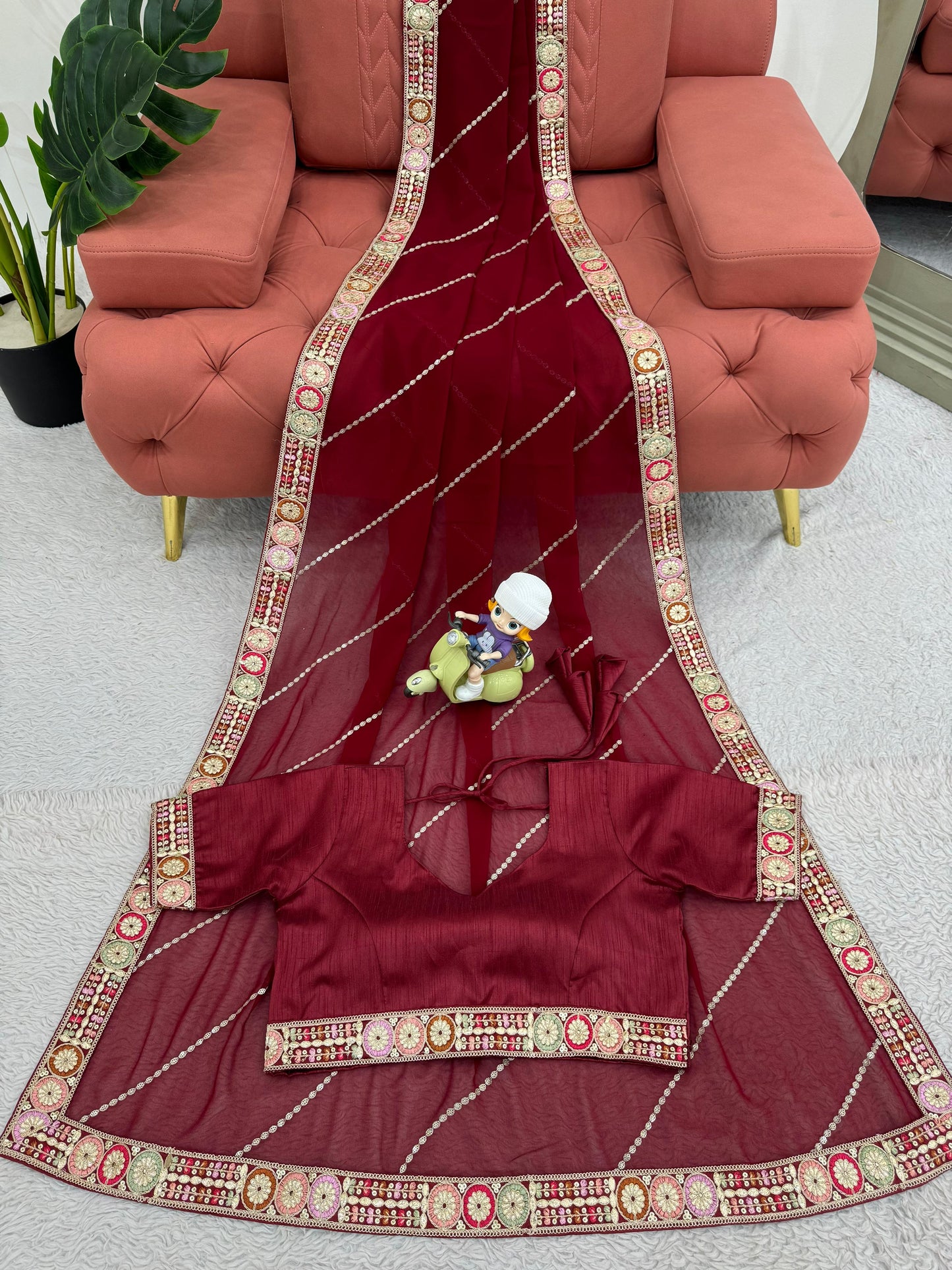 Glorious Maroon Color Faux Georgette And Coding With Sequence Work Beautiful Saree